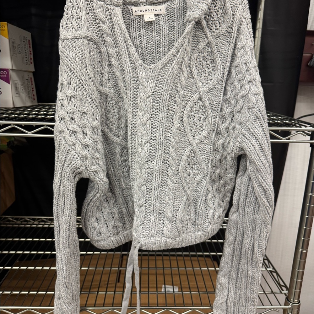 Aeropostale Light Gray V-Neck Cable Sweater